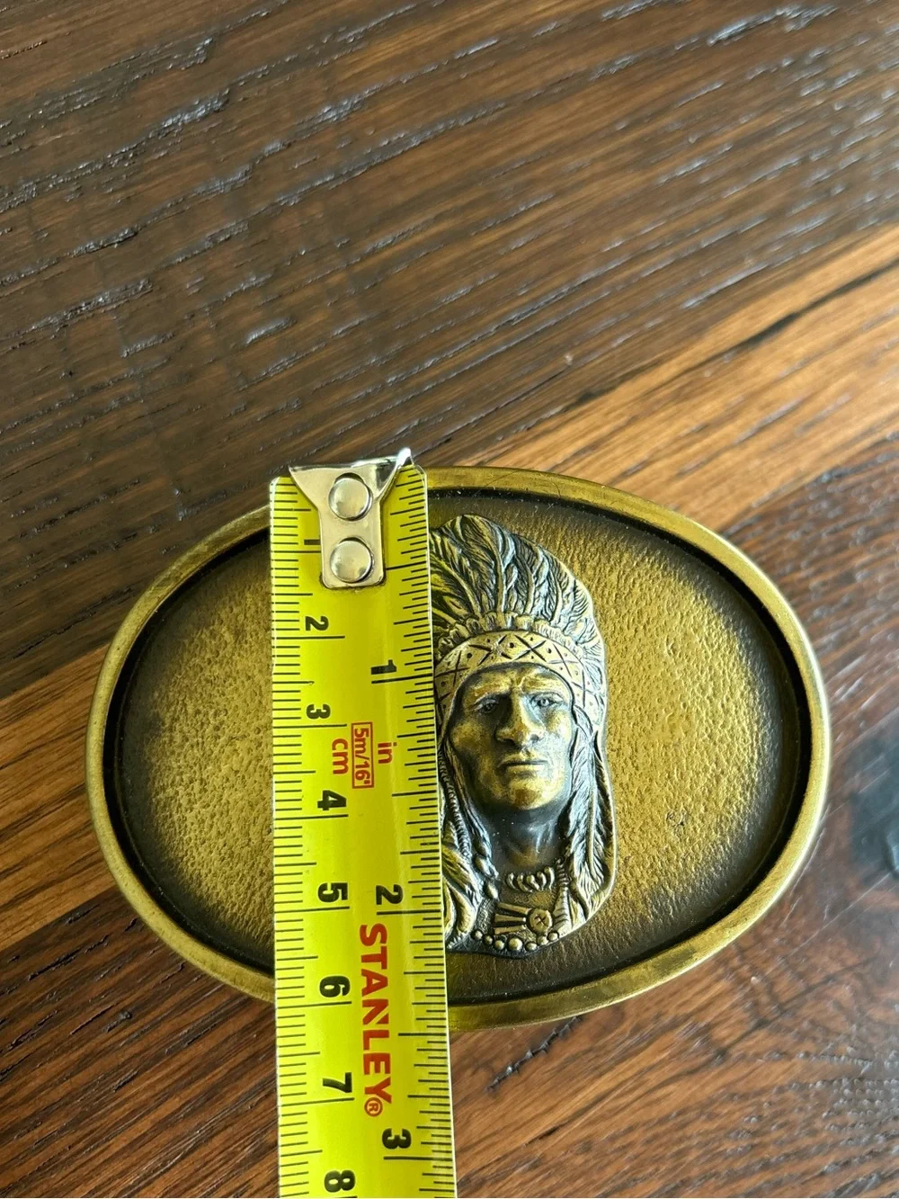 Vintage Solid Brass Belt Buckle, Indian Chief Headdress, Oval, Native American